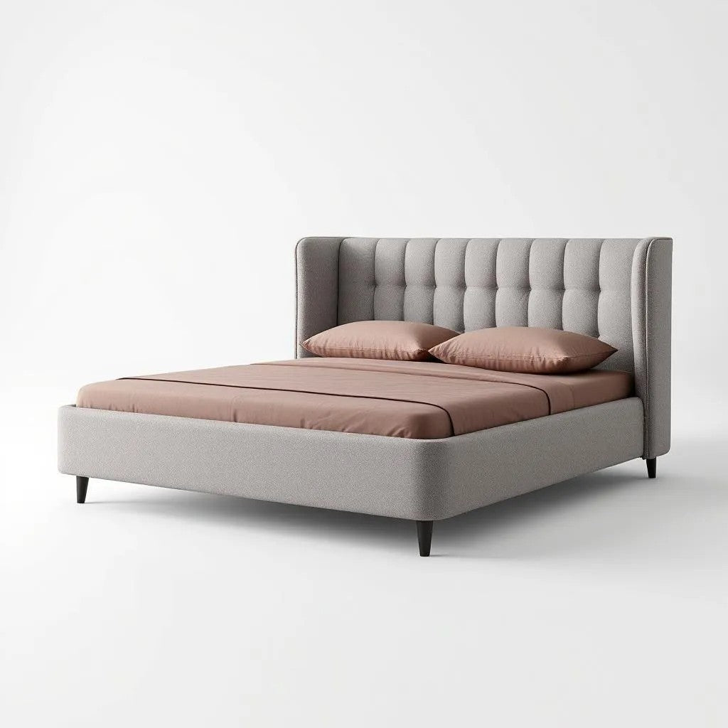 Upholstered Platform Bed with Wingback Headboard and Wooden Slats