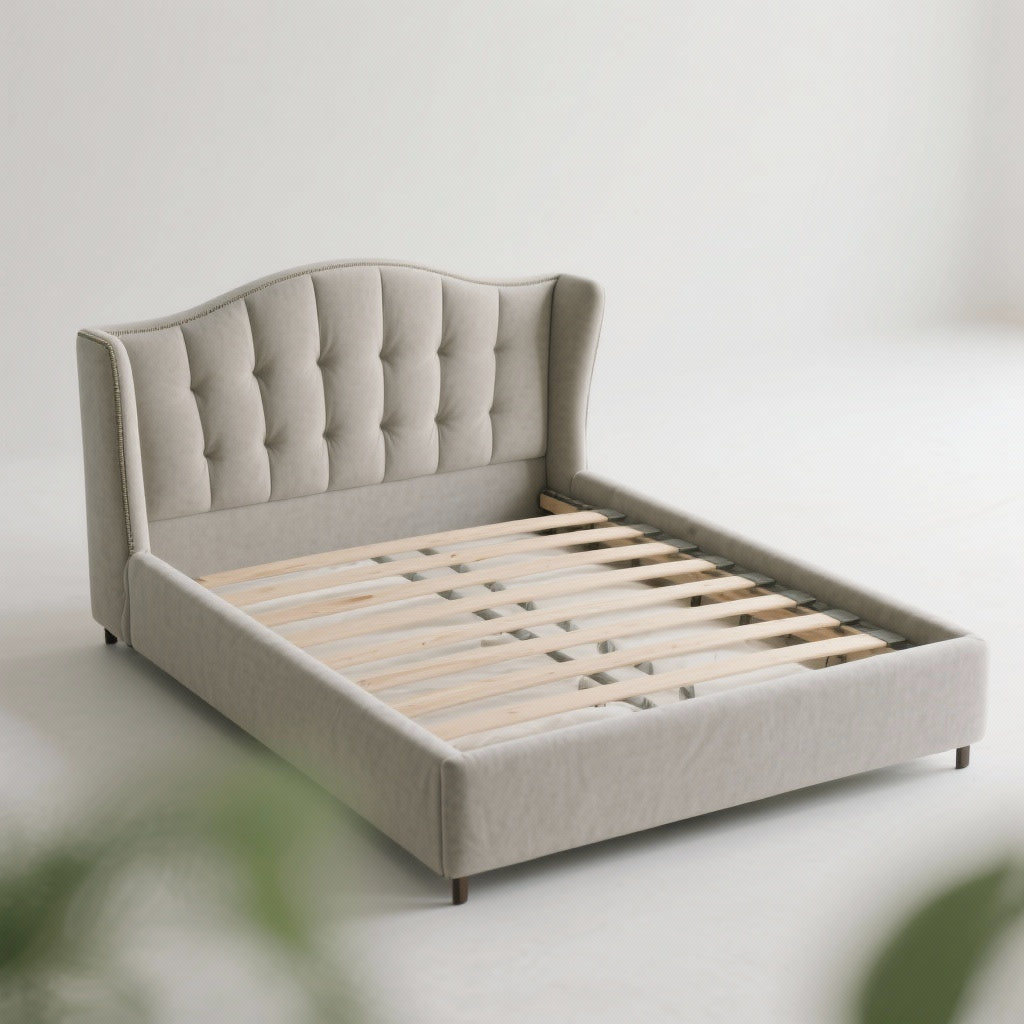 Upholstered Platform Bed with Wingback Headboard and Wooden Slats